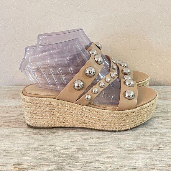 Marc Fisher 6.5 Jalyn Sandals Nude Silver Studs Espadrille Platform Wedge Slides - Picture 6 of 13